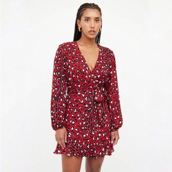 A.L.C. Michaela Silk Wrap Dress in Red Leopard Size 0 - Picture 1 of 11